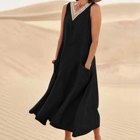 Babysbule Womens Summer Dresses Women's Summer V Neck Lace Fashion Casual Solid Color Sleeveless Cotton Linen Long Dress