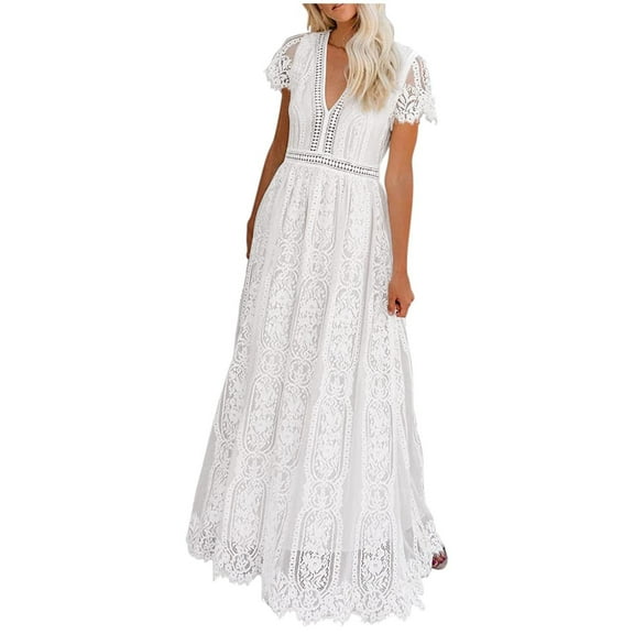 Babysbule Womens Summer Dresses, Women's V Neck Short Sleeve Floral Lace Wedding Dress Bridesmaid Cocktail Party Maxi Dress