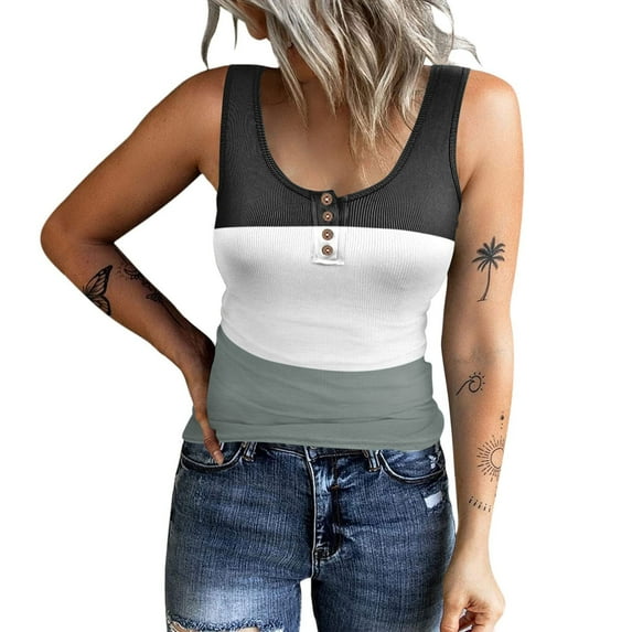 Babysbule Womens Summer Top Tank Top For Women O Neck Sleeveless Vest Summer Trendy Slim Skinny Pullover Tunic Tees