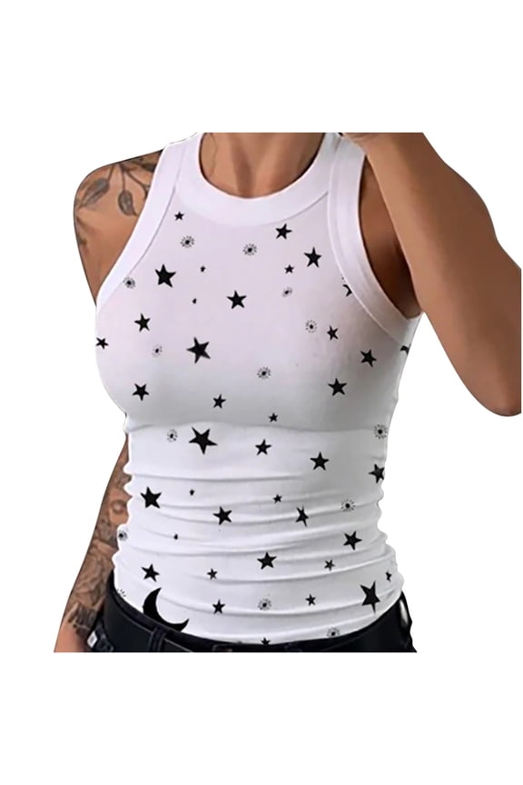Womens Summer Top Women's Fashion O-Neck Sleeveless Star Print Vest Workout Tank Tops