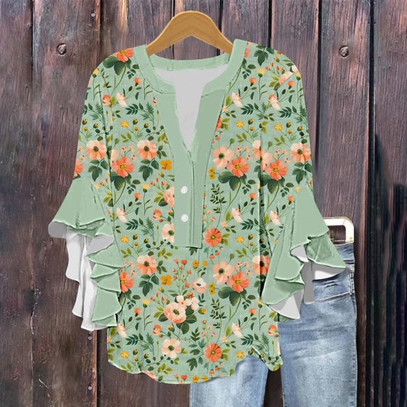 Babysbule Womens Summer Top Women Flowers Printing V-Neck Long Sleeve Halter Off Shoulder T-Shirt Casual Tops Blouse