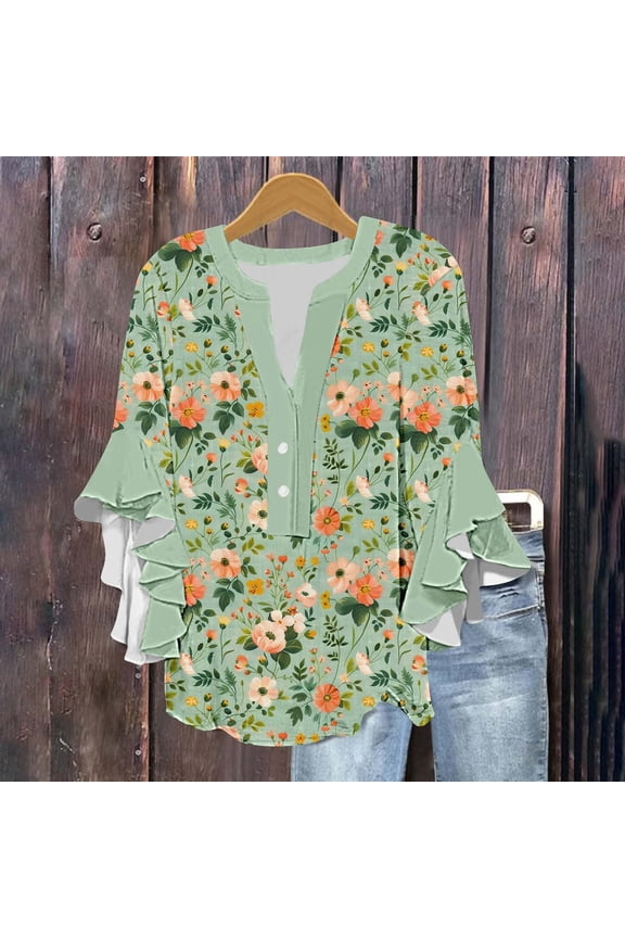Womens Ruffle 3/4 Sleeve Top Flowers Printing V-Neck Button Down Casual Loose Top for Spring Summer