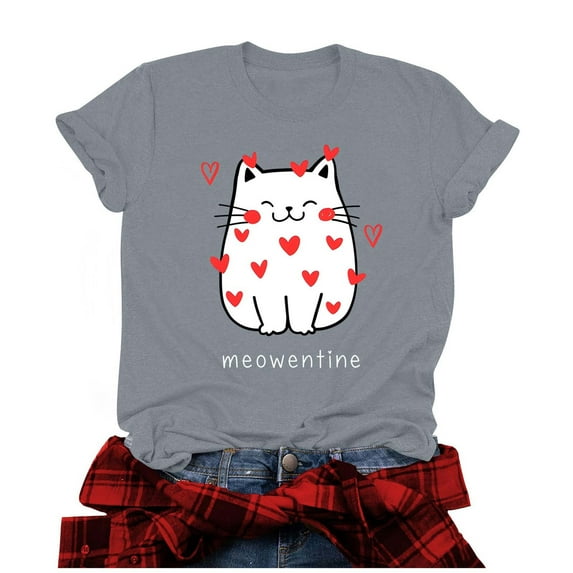 Babysbule Womens Tops, Adult's Valentine's Day Round Neck Cat Print T-shirt
