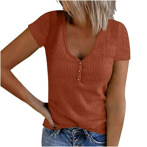 Babysbule Clearance Womens Tops, Short Sleeve Ribbed Tops For Women Basic Knit Shirts Button Up V Neck Casual Summer Solid Color Tshirt Blouses