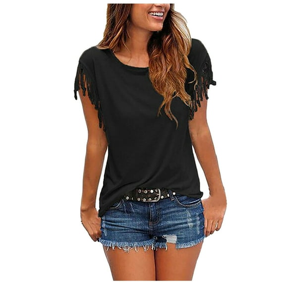 Babysbule Womens Tops, Women's Casual Fashion Loose Tassel Sleeves Multicolor Short-Sleeved T-Shirt