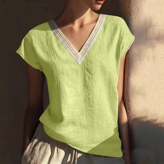 Babysbule Cotton Blend V-Neck Tops Women's Lace Trim Short Sleeve Relaxed Casual Summer Top