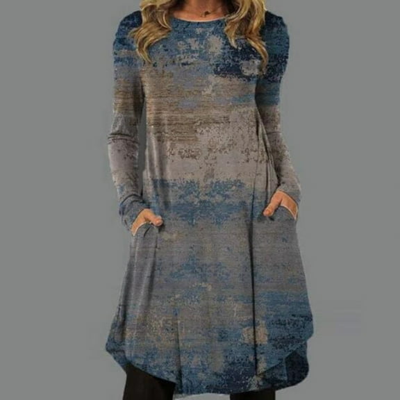 Babysbule Dresses For Women Ladies Fall Soft O-Neck Long Sleeve Formal Flower Irregular Tie-Dye Color Block Printing Maxi Dress