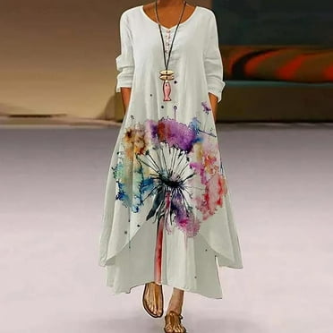 Babysbule Dresses For Women Ladies Retro Style Floral Printed Long Sleeved Loose Hem Irregular Long Dress
