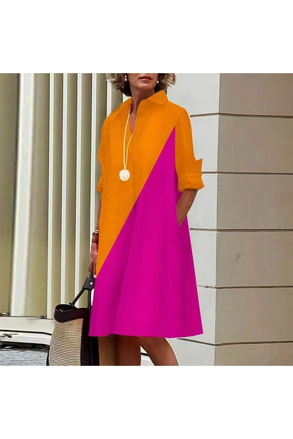 Dresses For Women Panel Contrast European And American Women's Casual Temperament Cardigan Dress