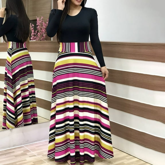 Babysbule Dresses For Women Stylish Floral Printed Summer Long Sleeve Casual O-Neck Patchwork Maxi Dress s