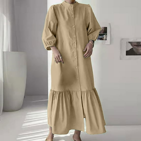 Babysbule Dresses For Women Stylish Ladies Round Neck Loose Three Quarter Sleeve Solid Ankle-Dress Long Dress