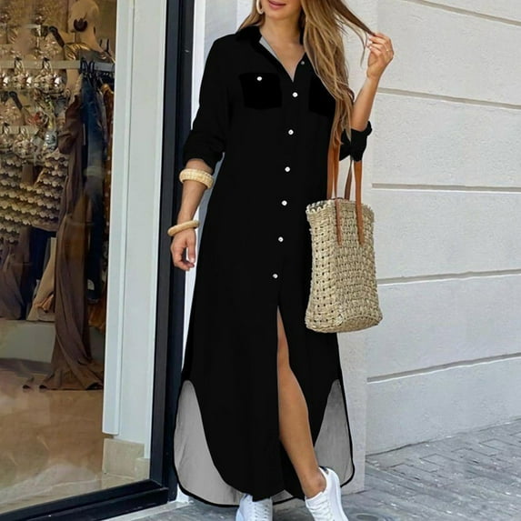 Babysbule Dresses For Women Summer Ladies Solid Color Casual Long Sleeve Turndown Collar Dress Beach Casual Maxi Sundress