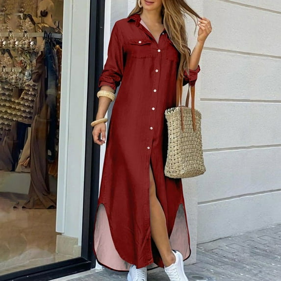 Babysbule Dresses For Women Summer Ladies Solid Color Casual Long Sleeve Turndown Collar Dress Beach Casual Maxi Sundress