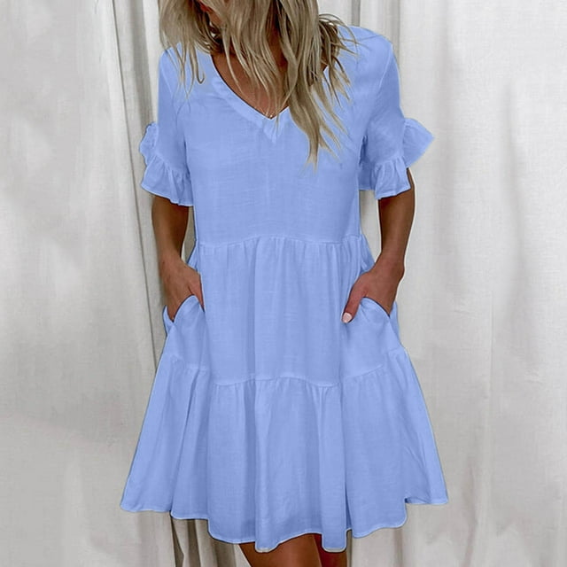 Babysbule Dresses For Women Summer Ladies V-neck Short Sleeve Printed Boho Shift Sundress Mini Dress