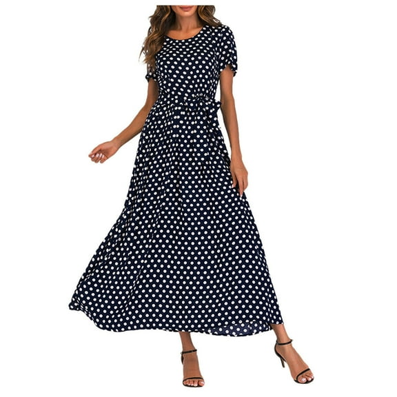 Babysbule Dresses for Women Fashion Women O-Neck Short Sleeve Beach Polka Dot Bandage Long Maxi Dress