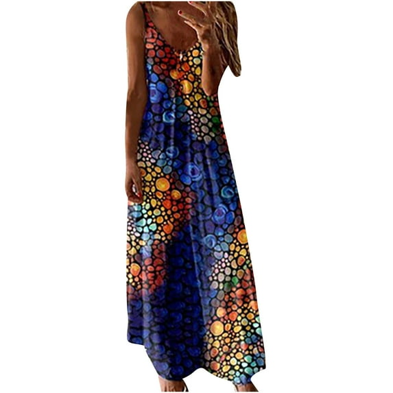 Babysbule Dresses for Women Fashion Women Summer V-Neck Casual Printing Loose Sleeveless Loose Long Dress