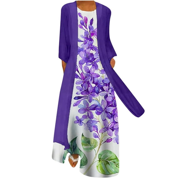 Babysbule Dresses for Women Women Casual Floral Print O-Neck Sleeveles Dress Solid Chiffon Two-Piece Set