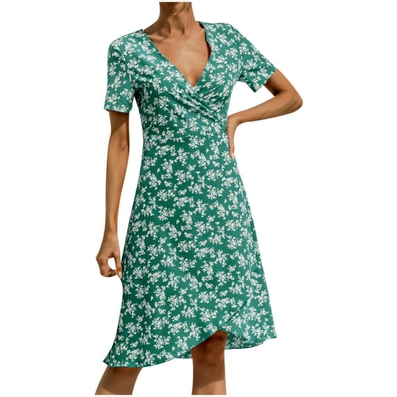 Babysbule Dresses for Women Women V-neck Short Sleeve Lace Up Party Beach Floral Print Dress