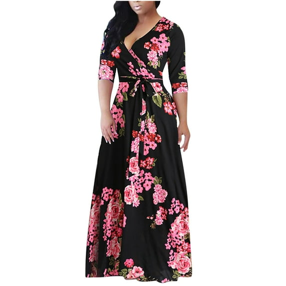 Babysbule Dresses for Women Women's Summer Fashion V-neck Print Big Swing Dress Long Skirt