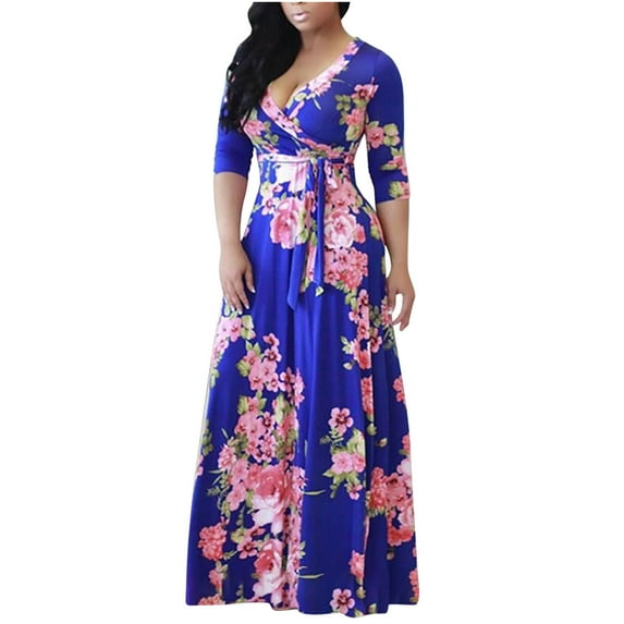 Babysbule Dresses for Women Women's Summer Fashion V-neck Print Big Swing Dress Long Skirt