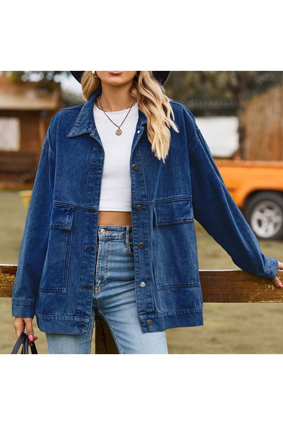 Fall Jackets for Women Casual Women's Collar Turndown Neck Outwear Pocket Regular Botton Hoodless Denim Outwear Long Sleeve Tops Women's Tops Blouse