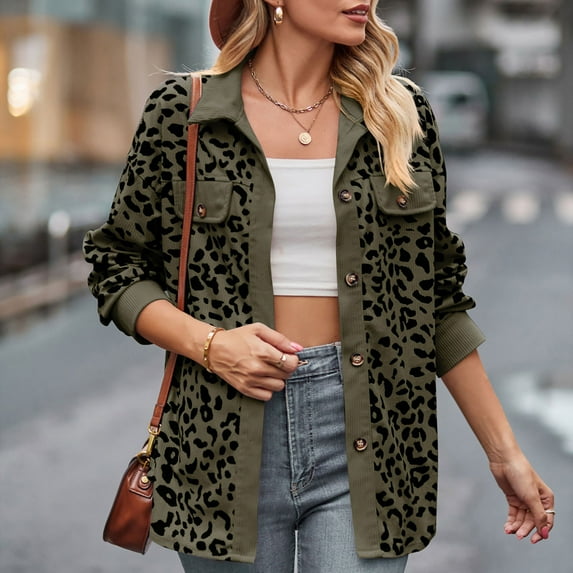 Babysbule Fall Jackets for Women Clearance Women's New Leopard Print Button Long Sleeve Jacket Shirt Coat Women's Tops Blouse