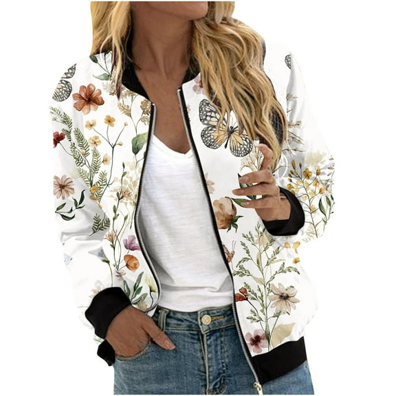 Babysbule Fall Jackets for Women OutfitWomen's Casual Fashion Printed Pocket Zippered Coat Women's Tops Blouse