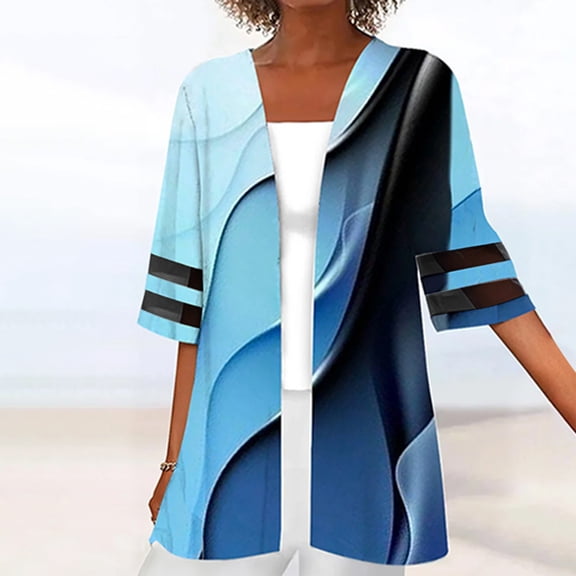 Babysbule Fall Jackets for Women Women's Printing Mesh Splicing Three Quarter Sleeve Casual Tops Blouse Cardigan Women's Tops Blouse