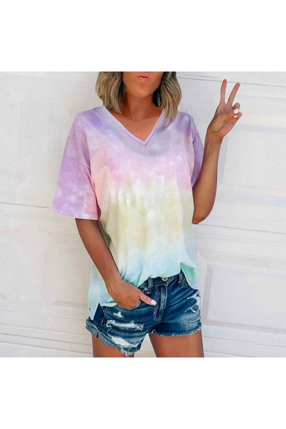 Fashion Women's Summer Tops V-Neck Short Sleeve Graphic Print Casual Womens Fashion Tops