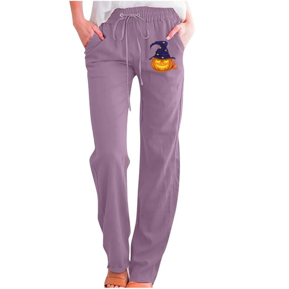 Babysbule Fashion Womens Straight Pants Casual Solid Color Pumpkin Print Loose Straight Wide Leg Trousers Pants