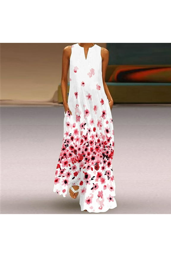 Fashion Womens Summer Dresses, Women's Casual Long Dress With Striped Floral Print Sleeveless Maxi Dress