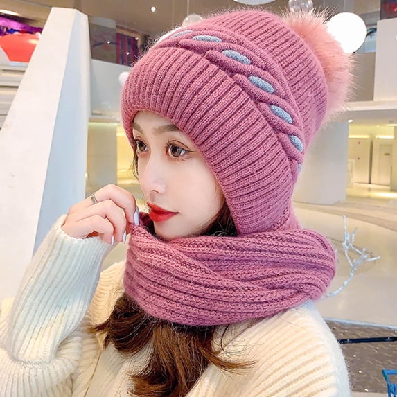Babysbule Hats for Women Winter Integrated Ear Protection Windproof Cap Scarf 2 In 1 Winter Warm Knitted Hat Scarf