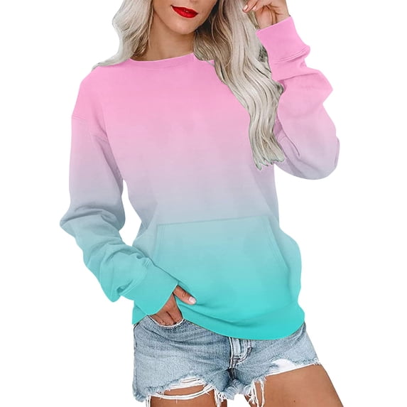 Babysbule Hoodless Sweatshirts for Women Gradient Color Round Neck Tops With Pocket Long Sleeve Loose Sweatshirt