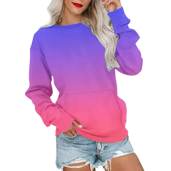 Babysbule Hoodless Sweatshirts for Women Gradient Color Round Neck Tops With Pocket Long Sleeve Loose Sweatshirt
