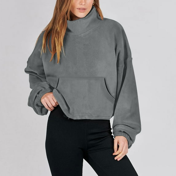 Babysbule Hoodless Sweatshirts for Women Solid Long Sleeve Cropped Sweatshirt Fall Winter Stand Collar Full Fleece Jacket