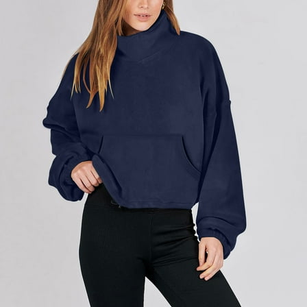 Babysbule Hoodless Sweatshirts for Women Solid Long Sleeve Cropped Sweatshirt Fall Winter Stand Collar Full Fleece Jacket