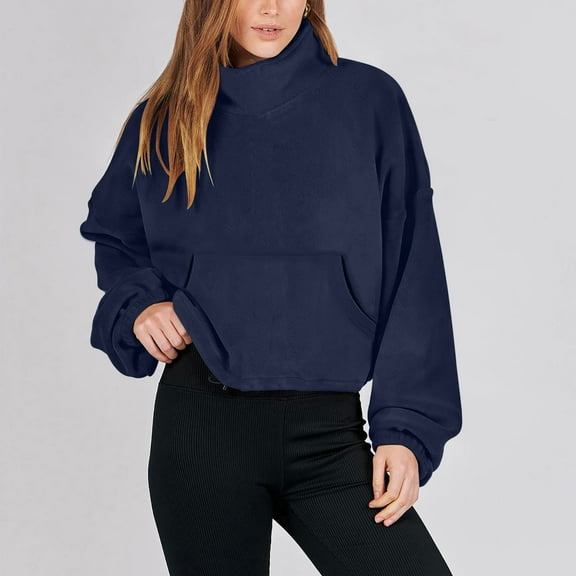 Babysbule Hoodless Sweatshirts for Women Solid Long Sleeve Cropped Sweatshirt Fall Winter Stand Collar Full Fleece Jacket