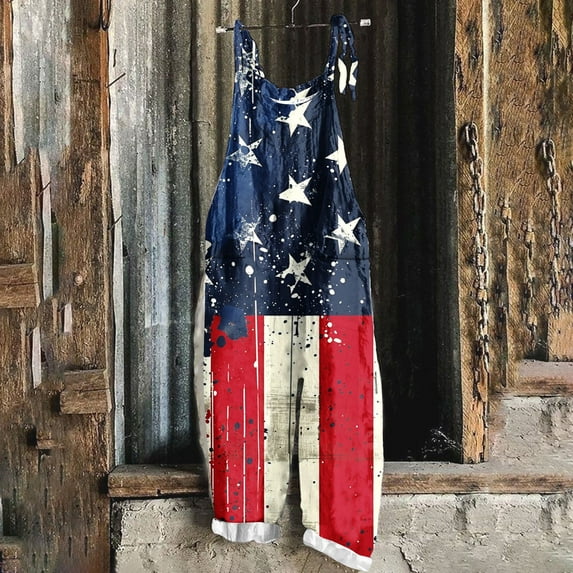 Babysbule Jumpsuit for Women Summer Independence Day Print Sleeveless Cold Shoulder Suspender Cami Pants Jumpsuit