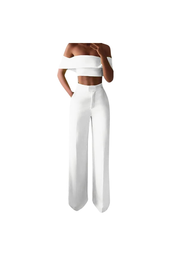 Jumpsuit for Women Women Fashion Solid Cold Shoulder Ruffle Shirt Button Zipper Wide Leg Pant Suit