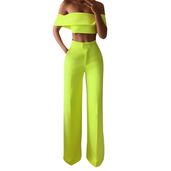 Babysbule Jumpsuit for Women Women Fashion Solid Cold Shoulder Ruffle Shirt Button Zipper Wide Leg Pant Suit