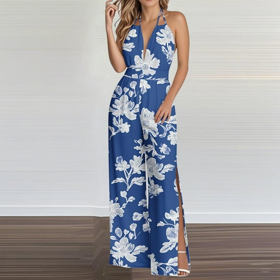 Babysbule Women's Halter Sleeveless Strap Tunic Jumpsuit Printed Elastic Waist Backless Slit Wide Leg Beach Party Overalls