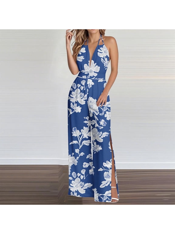 Women's Halter Sleeveless Strap Tunic Jumpsuit Printed Elastic Waist Backless Slit Wide Leg Beach Party Overalls