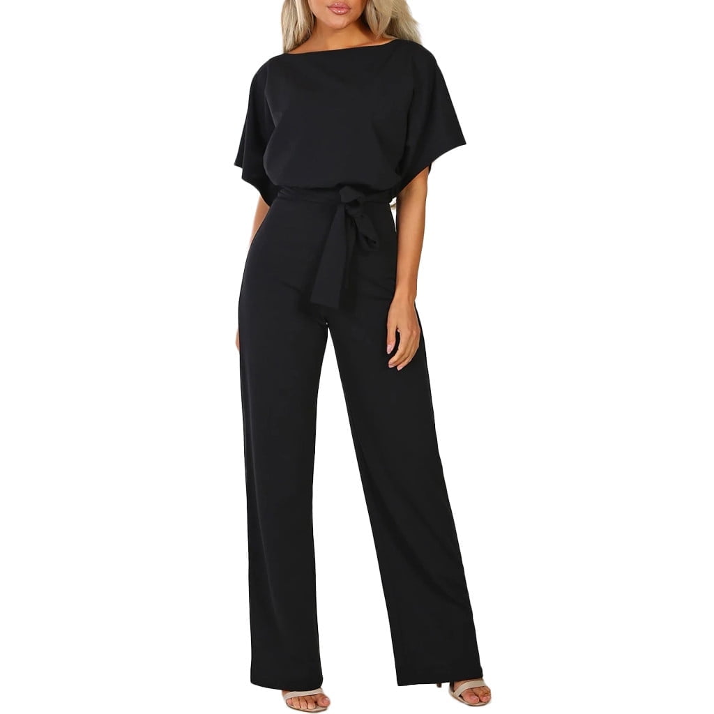 Babysbule Jumpsuit for Women Women Short Sleeve Playsuit Clubwear Straight Leg Jumpsuit With Belt
