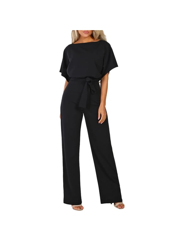 Jumpsuit for Women Women Short Sleeve Playsuit Clubwear Straight Leg Jumpsuit With Belt