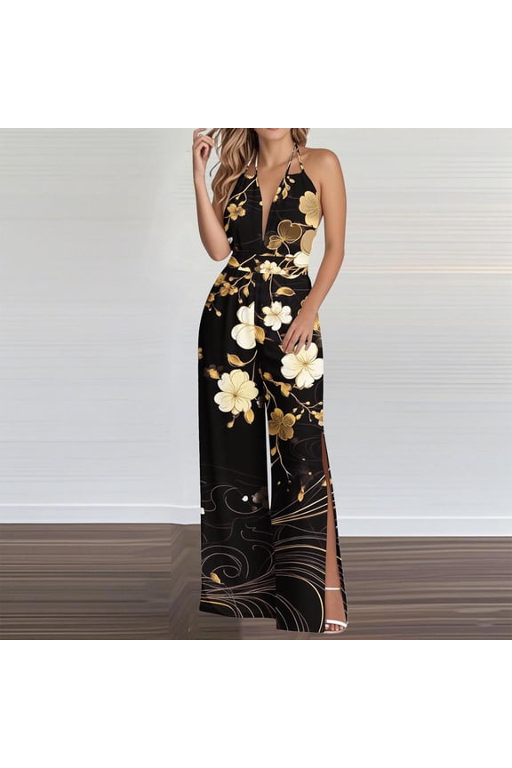 Women's Halter Sleeveless Strap Tunic Jumpsuit Printed Elastic Waist Backless Slit Wide Leg Beach Party Overalls
