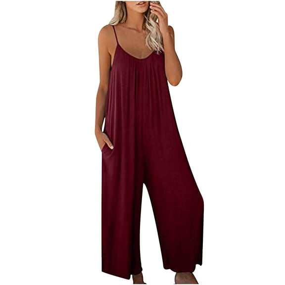Babysbule Jumpsuit for Women Women Summer European And American Sling Solid O-Neck Pocket Casual Jumpsuit