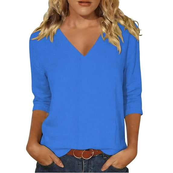 Babysbule Lightweight Breathable V-Neck 3/4 Sleeve Casual Blouse Women's Relaxed Fit Spring Summer Top