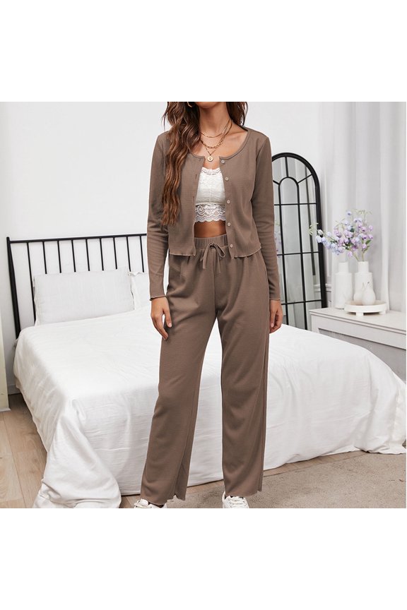 Lounge Sets for Women Women's Stylish Buttons Round Neck Solid Color Casual Long Sleeve Comfortable Sweatshirt Tops Blouse+Pants Leisure Wear Tracksuit Homewear