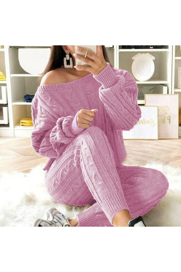 Lounge Sets for Women Womens Ladies Round Neck Cable Knitted Warm 2PC Loungewear Suit Sets Tracksuit Homewear