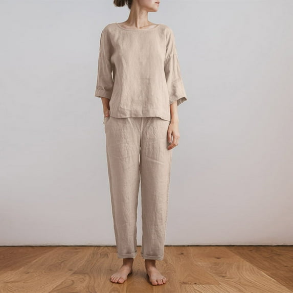 Babysbule Lounge Sets for Women Stylish Woman Round Neck Long Sleeve Blouse +Loose Cotton Linen Pockets Pants Sets Tracksuit Homewear